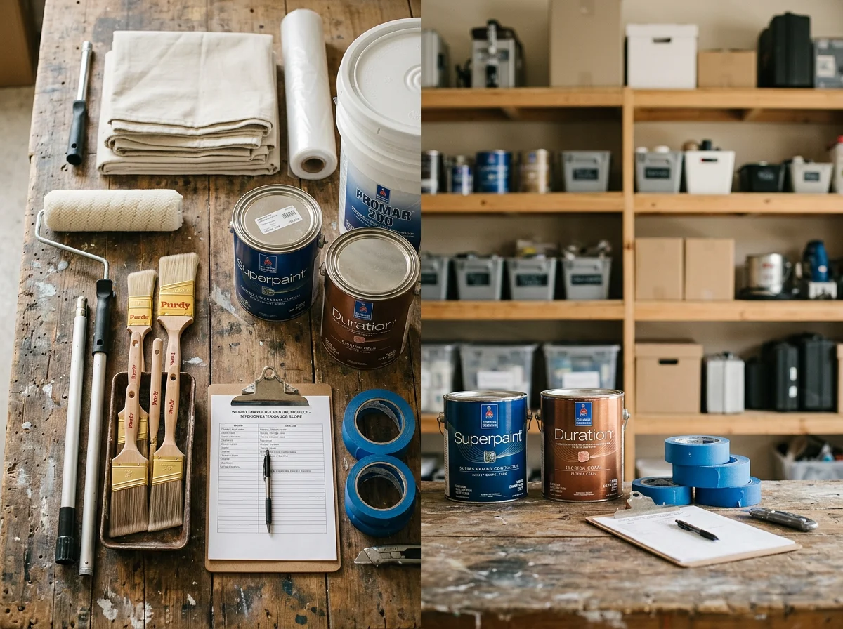 Professional painting tools and equipment arranged on a work surface, representing the trade and quality craftsmanship of a painting contractor.