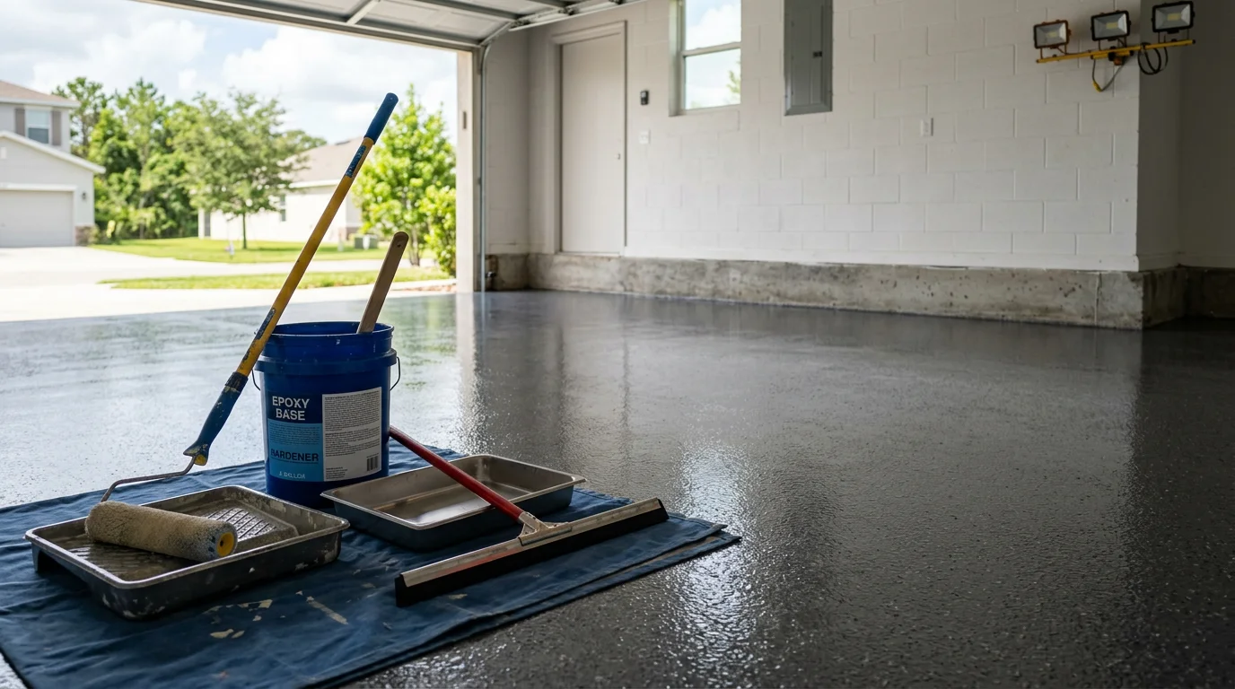 Finished epoxy garage floor with glossy protective coating