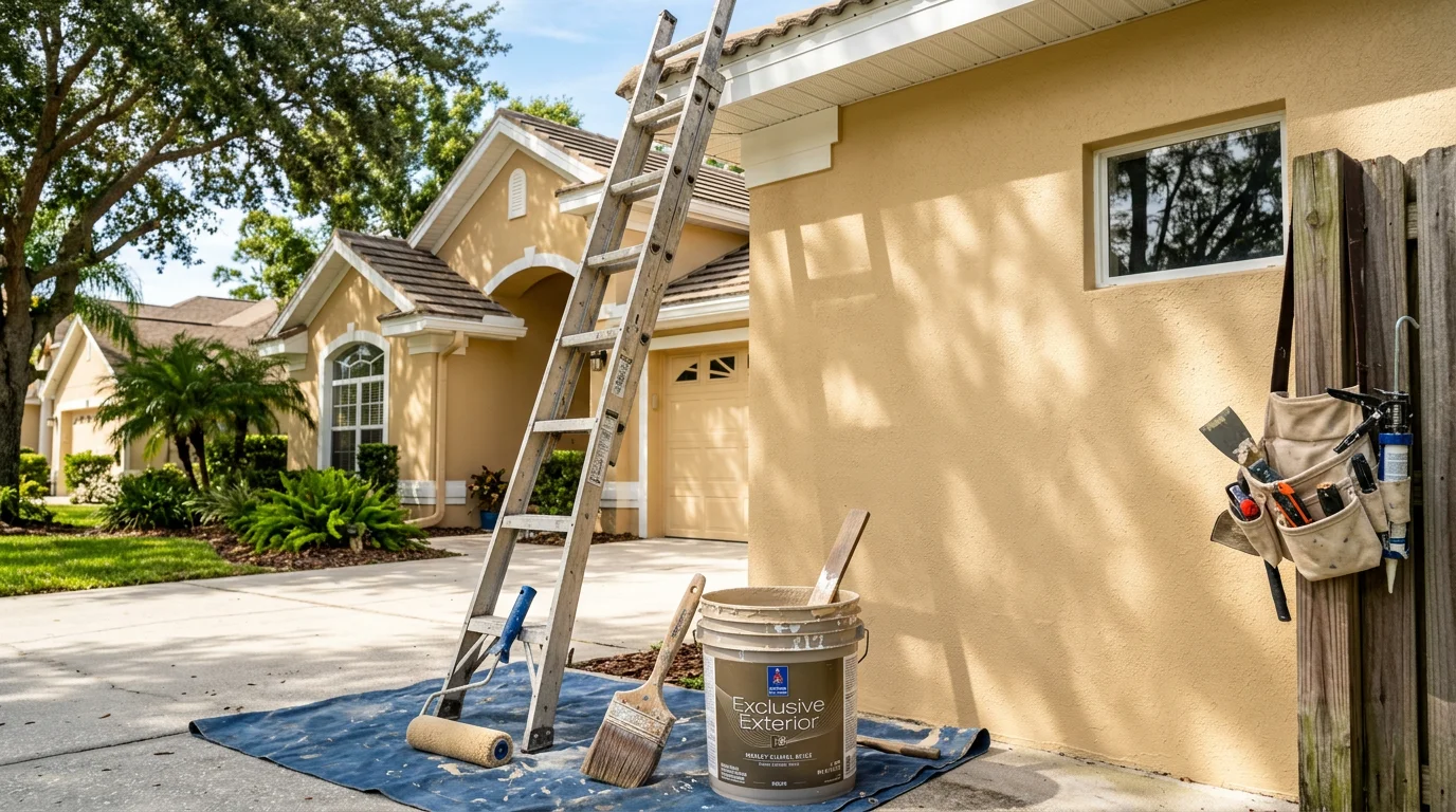 Professional painter applying exterior paint to residential home