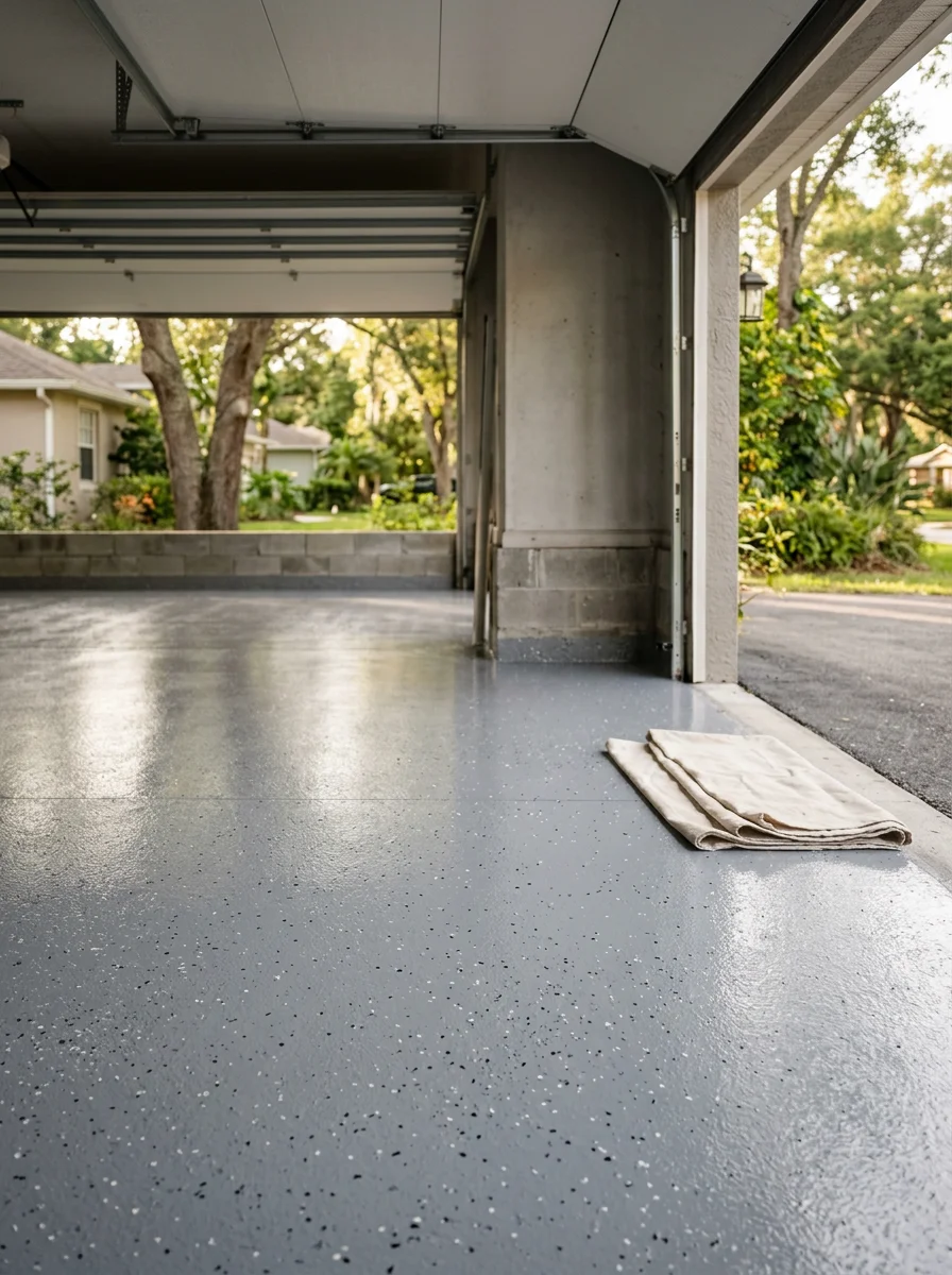 Portrait view of a freshly coated epoxy garage floor inside a Brooksville single-family home, showing a smooth gray surface with a clean, sealed finish.