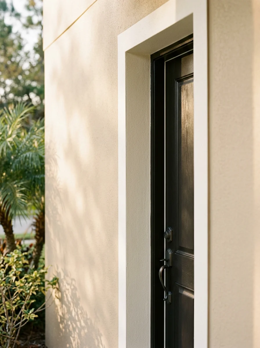 Close-up portrait view of a Wesley Chapel home's front entry with newly painted door surround and smooth stucco walls in a warm beige tone.