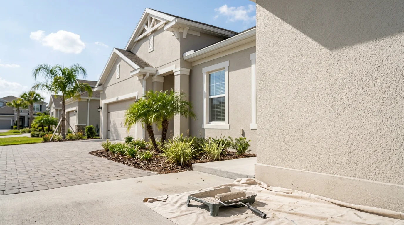 Freshly painted stucco exterior of a single-family home in a Wesley Chapel master-planned subdivision, showing clean trim lines and a light neutral finish on a sunny Florida afternoon.