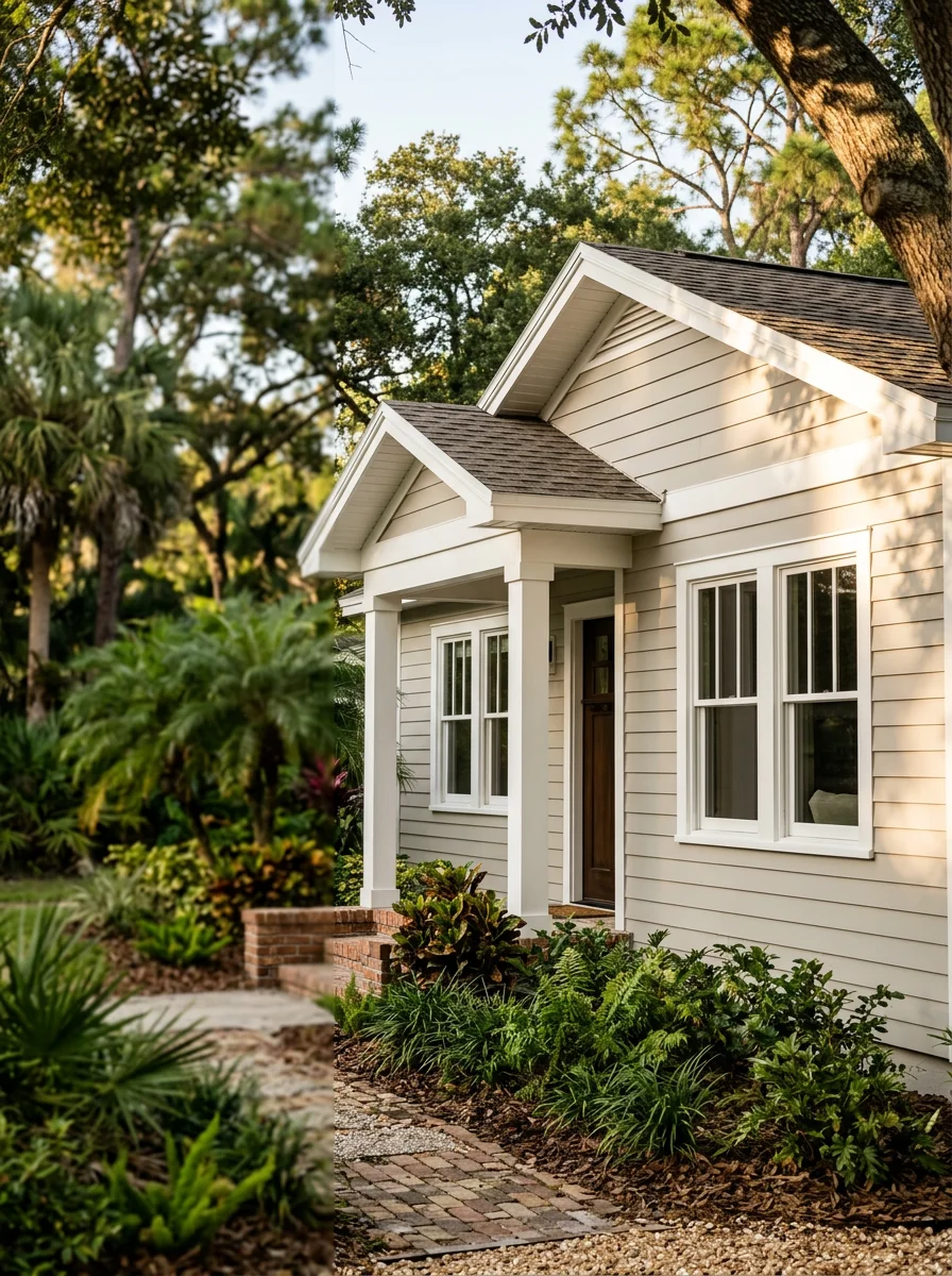 Portrait view of a Zephyrhills home's freshly painted front facade showing clean white trim against a neutral body color, with mature trees visible in the background.