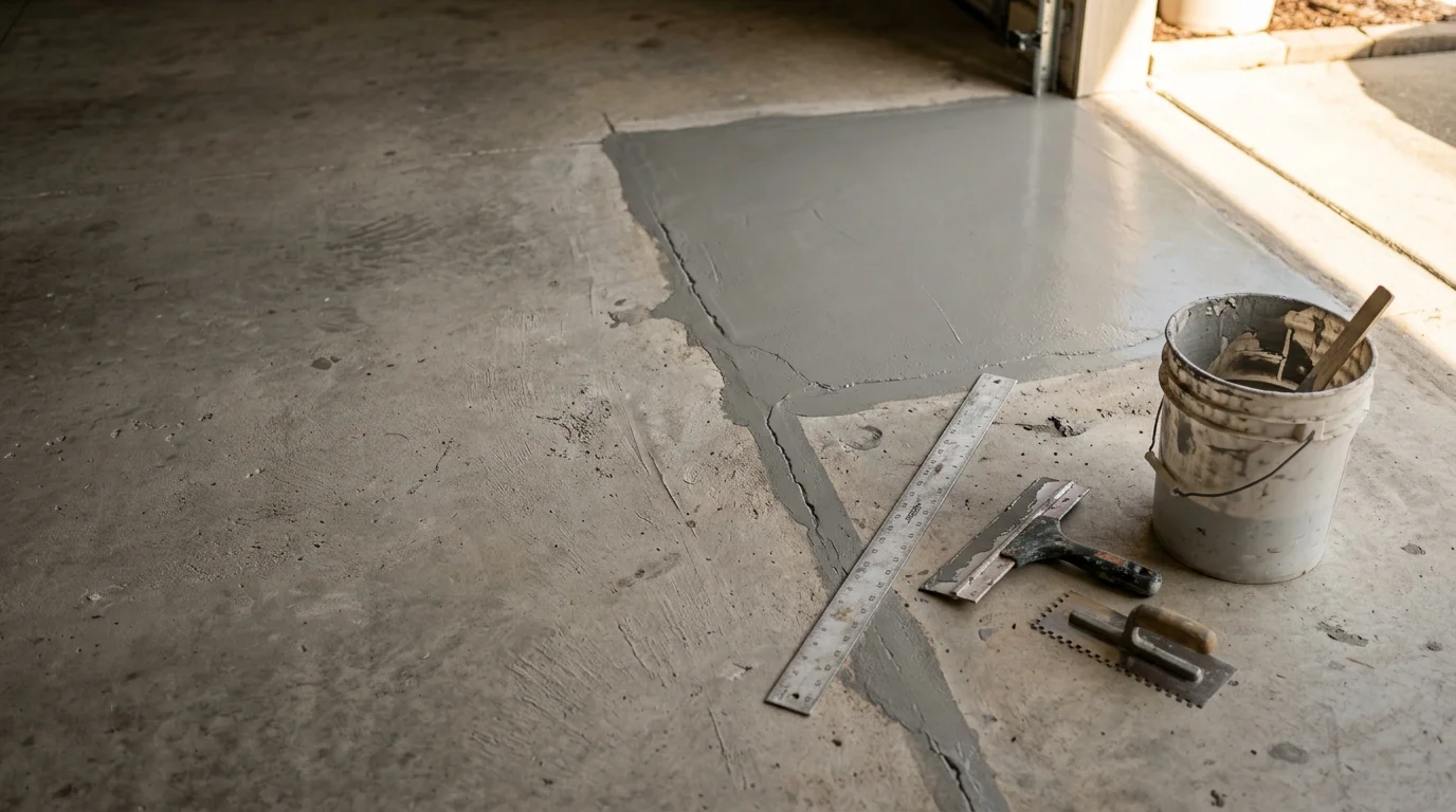 Close-up of a repaired epoxy floor in a Wesley Chapel garage showing a smooth, crack-free surface after patch repair work. The restored section blends with the surrounding floor, with no visible peeling or bubbling.