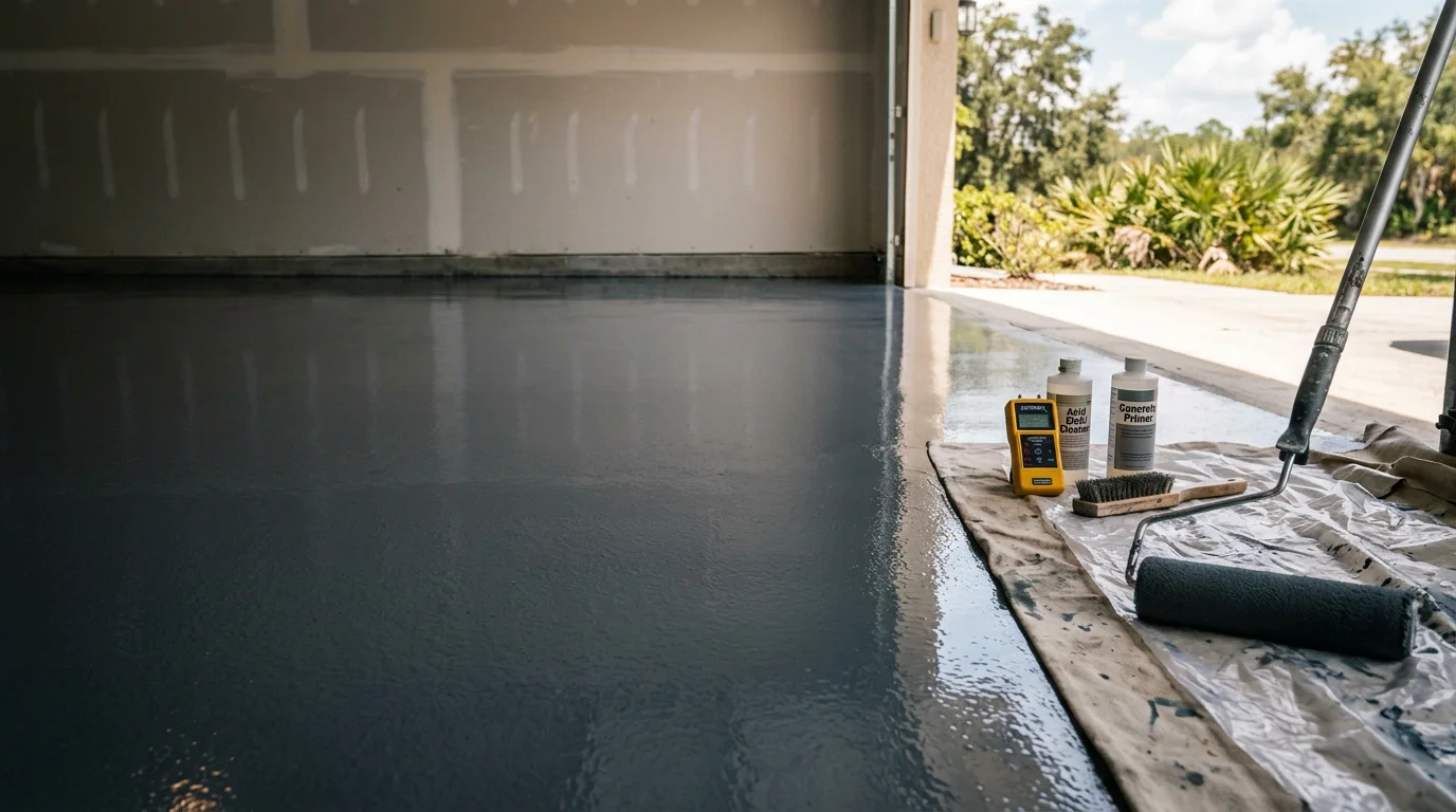 A freshly coated epoxy garage floor in a Wesley Chapel home, showing a smooth, glossy surface with a clean, bright finish over a concrete slab. The coating covers the full floor area of a residential two-car garage.