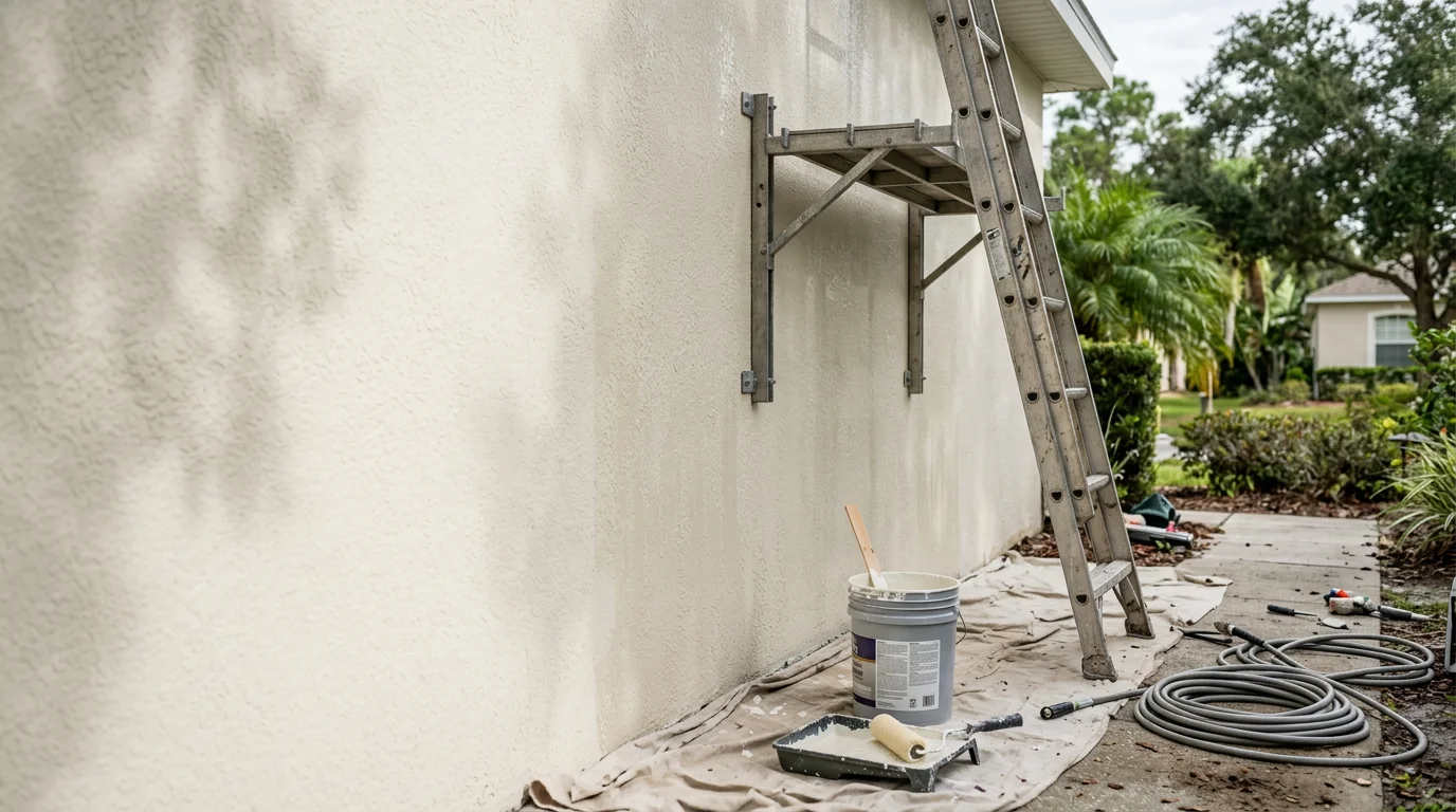 A freshly repainted single-family stucco home in Wesley Chapel, Florida, with clean, even color across the exterior walls and no visible peeling or fading. The home sits in a residential neighborhood under bright Florida sunlight.