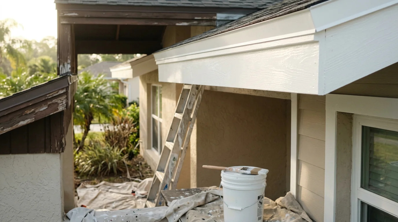 Freshly painted white exterior trim on a stucco home in Wesley Chapel, Florida, showing clean fascia boards, window casings, and a front door frame with sharp cut lines against a beige body color.