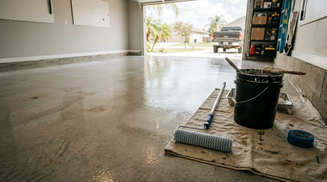 A freshly coated garage floor in a Wesley Chapel home showing a smooth, sealed concrete surface free of stains and dust. The finished floor reflects light evenly across the garage interior.