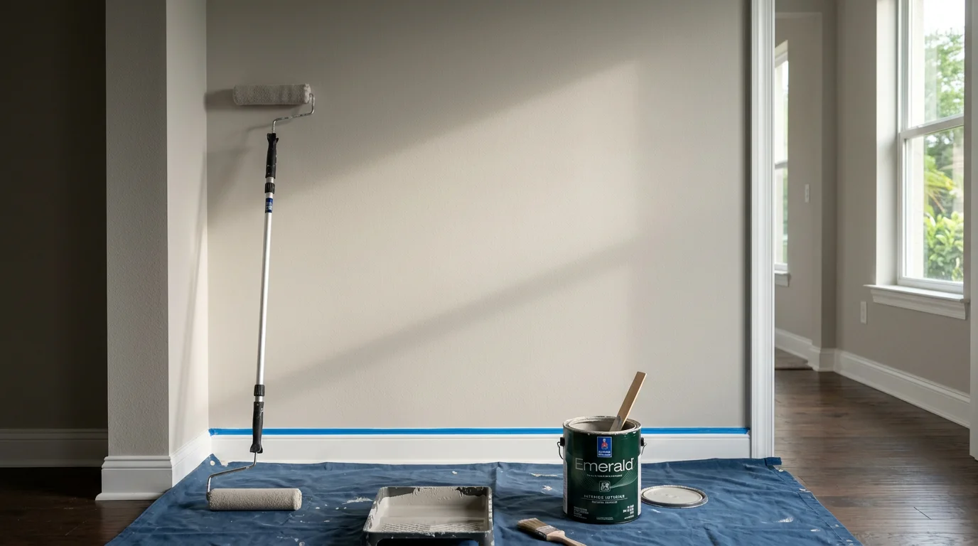 Freshly painted interior walls in a Wesley Chapel home showing smooth, even coverage in a bright living room. A painter applies a clean coat along the wall edge with careful attention to the trim line.